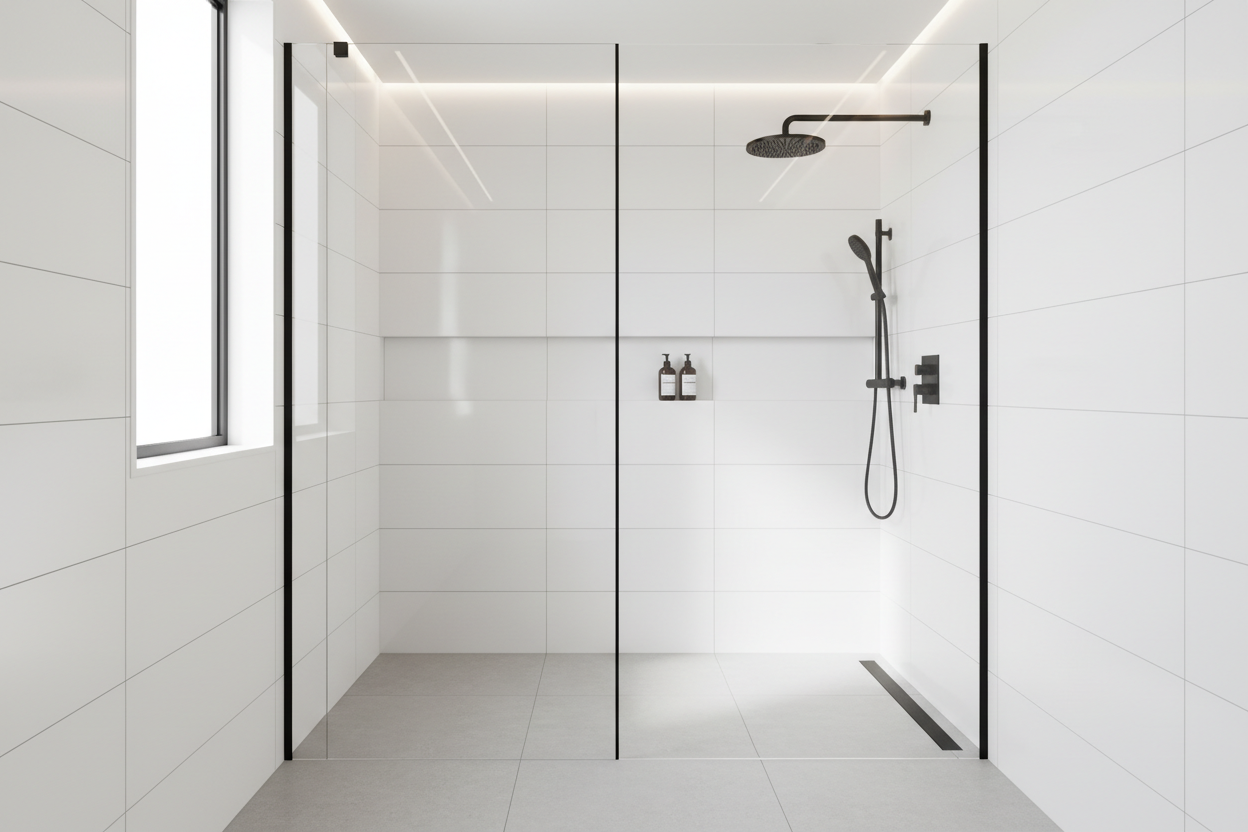 Contemporary shower area with clear tempered glass shower door, black minimal profile, clean tiles, modern interior, no people, bright daylight, high resolution