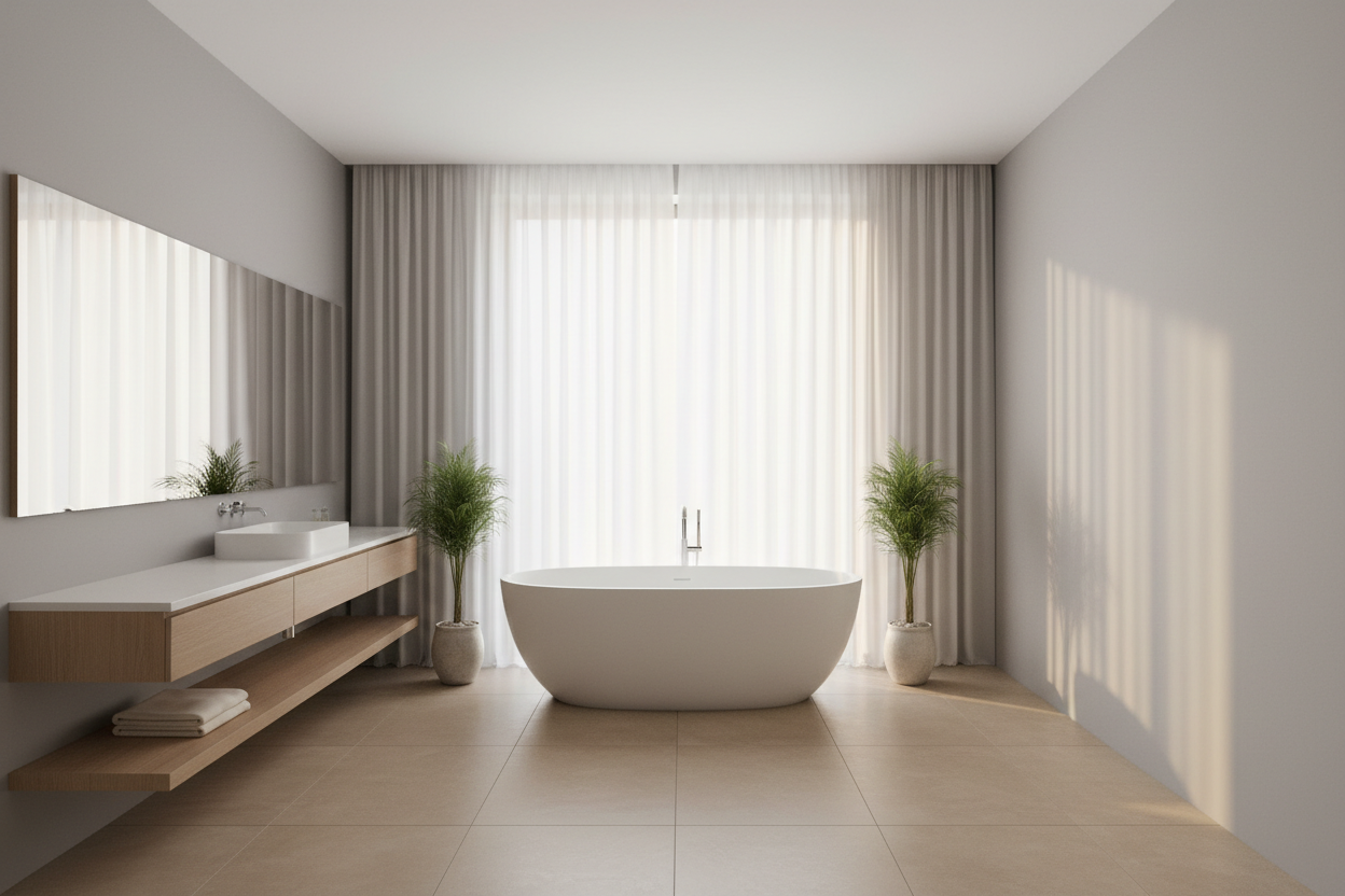 Modern minimalist bathroom interior, freestanding bathtub, soft natural light, neutral tones, premium design, wide angle, no people, high resolution
